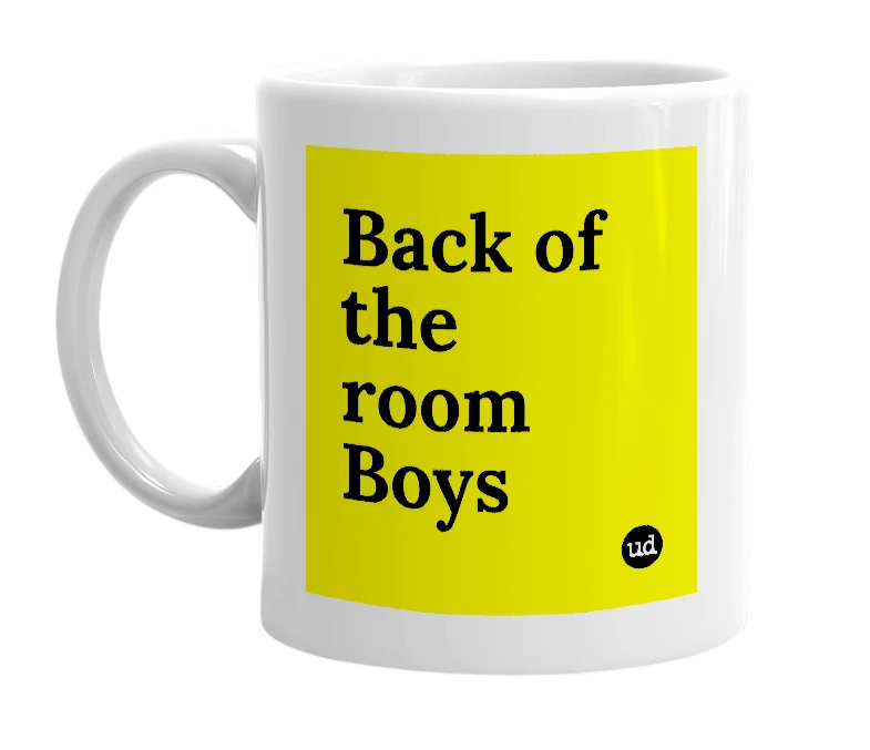 White mug with 'Back of the room Boys' in bold black letters