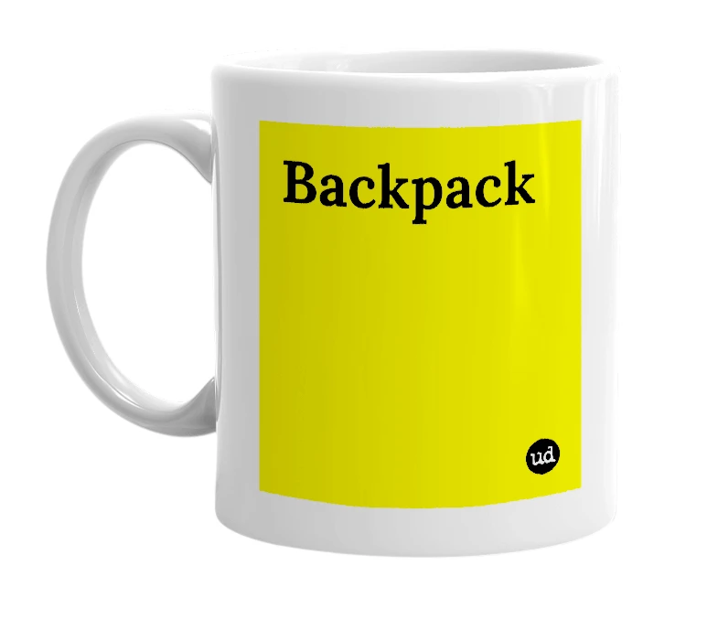 White mug with 'Backpack' in bold black letters