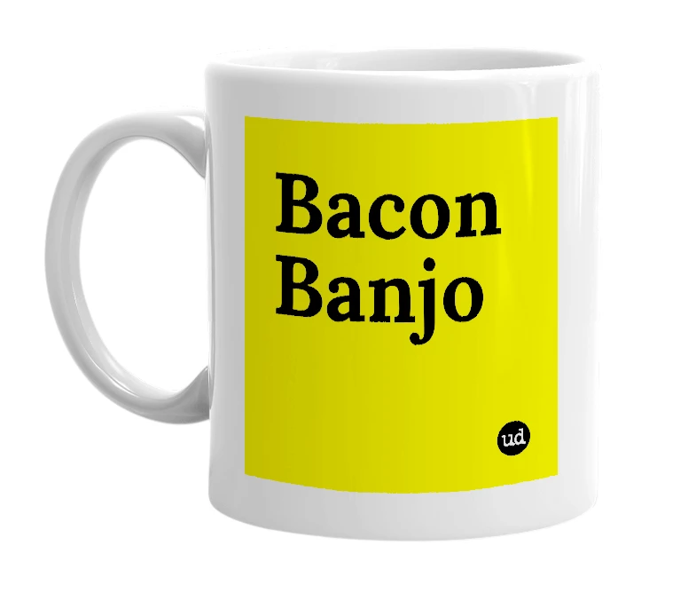 White mug with 'Bacon Banjo' in bold black letters