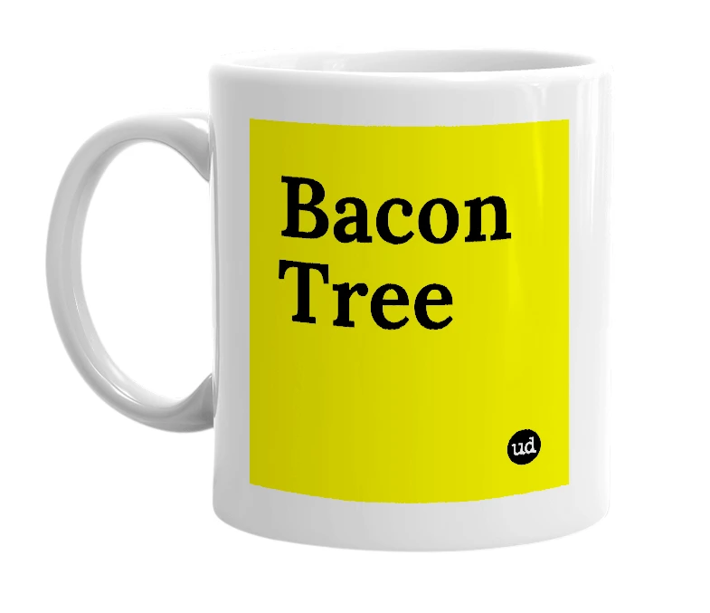 White mug with 'Bacon Tree' in bold black letters