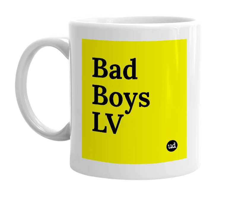 White mug with 'Bad Boys LV' in bold black letters