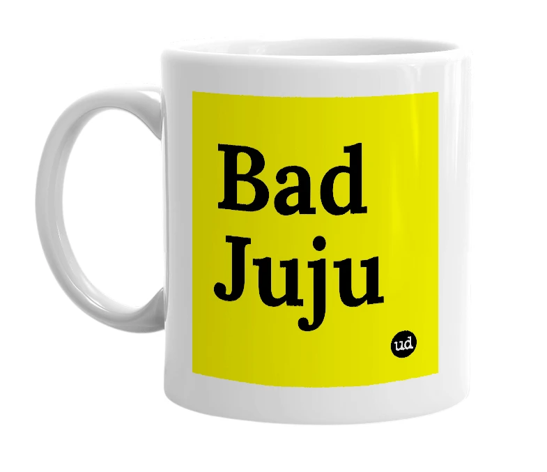 White mug with 'Bad Juju' in bold black letters