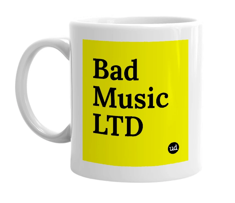 White mug with 'Bad Music LTD' in bold black letters