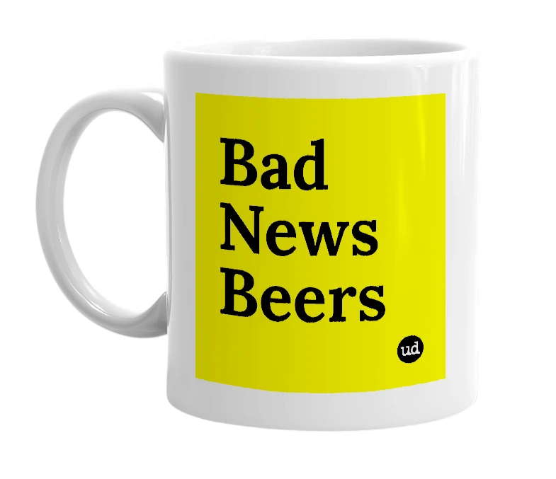 White mug with 'Bad News Beers' in bold black letters