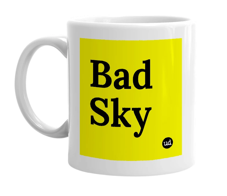 White mug with 'Bad Sky' in bold black letters