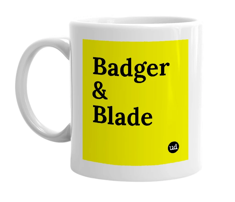 White mug with 'Badger & Blade' in bold black letters