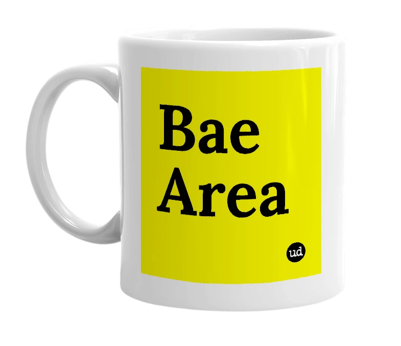 White mug with 'Bae Area' in bold black letters