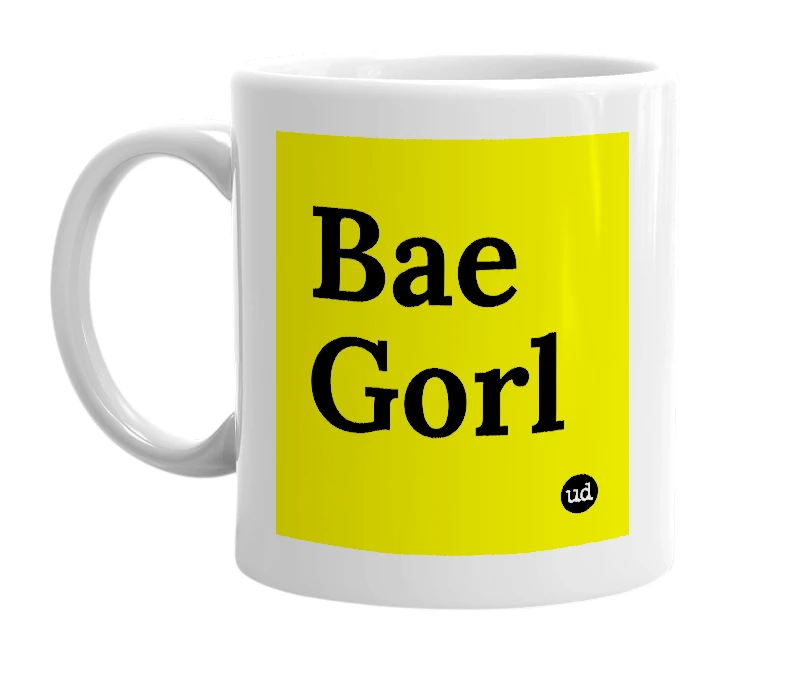 White mug with 'Bae Gorl' in bold black letters