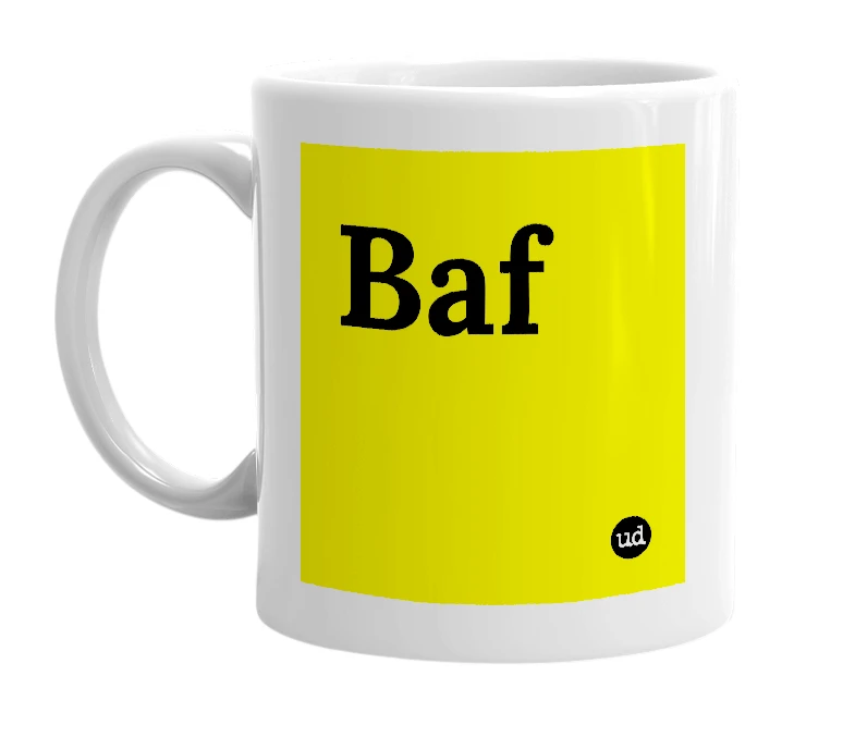 White mug with 'Baf' in bold black letters