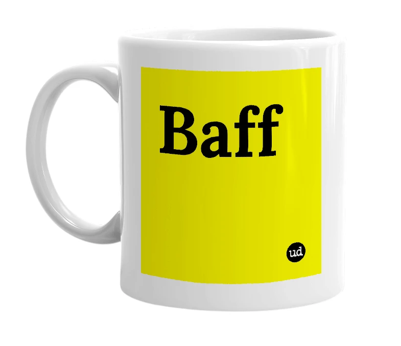 White mug with 'Baff' in bold black letters