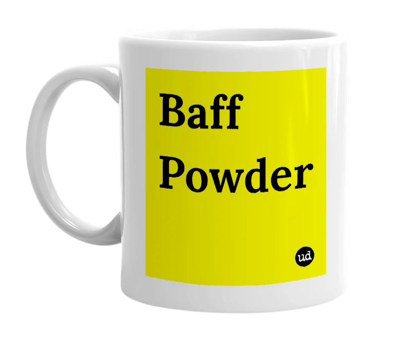 White mug with 'Baff Powder' in bold black letters