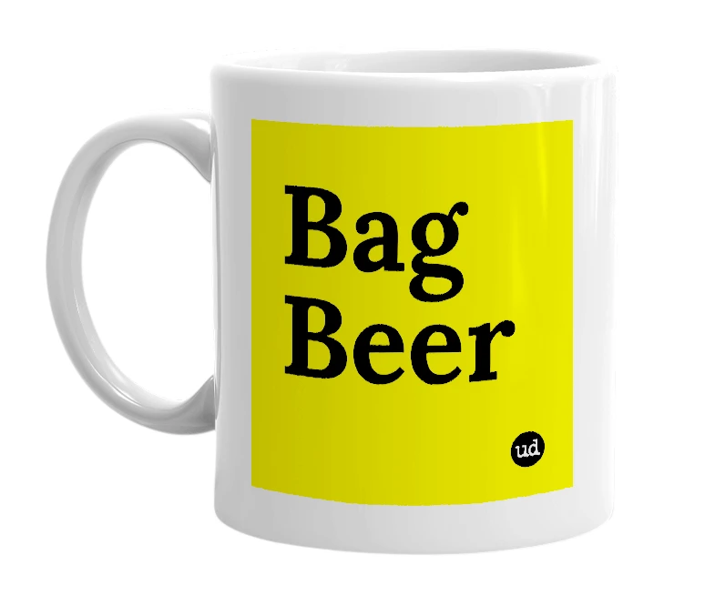 White mug with 'Bag Beer' in bold black letters