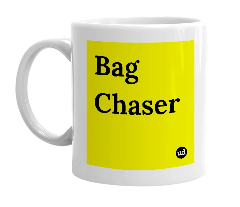 White mug with 'Bag Chaser' in bold black letters