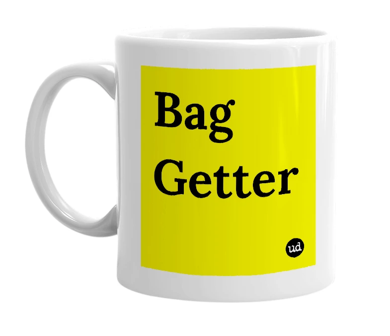 White mug with 'Bag Getter' in bold black letters