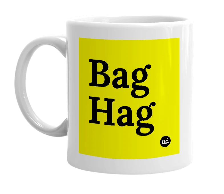 White mug with 'Bag Hag' in bold black letters