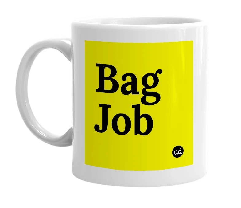 White mug with 'Bag Job' in bold black letters