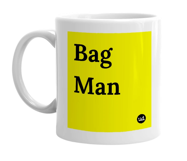 White mug with 'Bag Man' in bold black letters