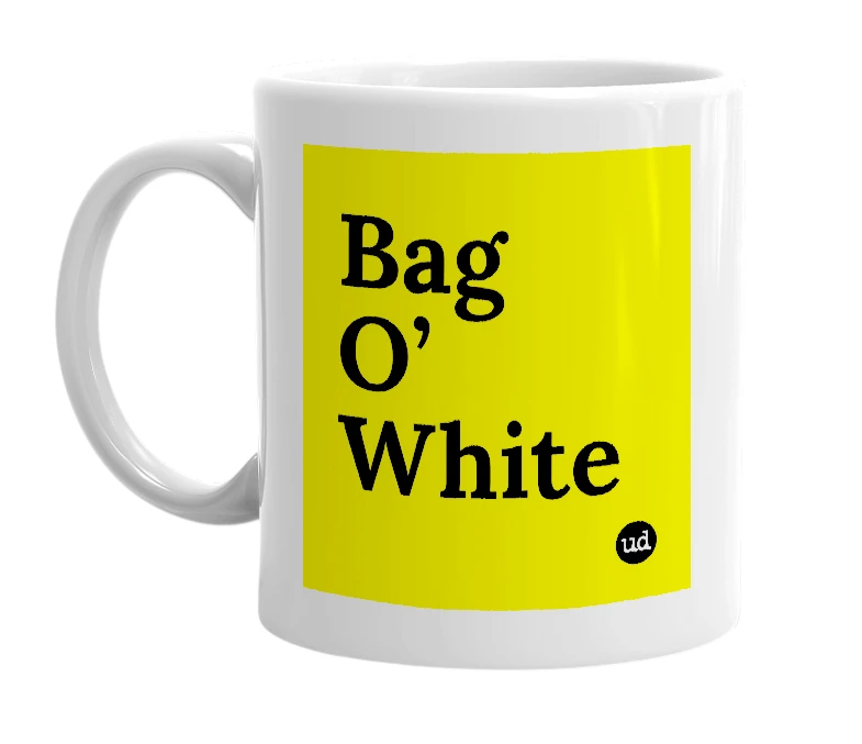 White mug with 'Bag O’ White' in bold black letters