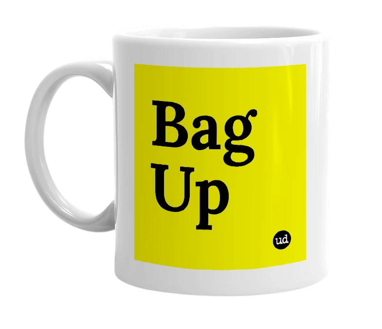 White mug with 'Bag Up' in bold black letters