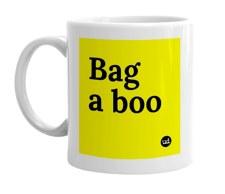 White mug with 'Bag a boo' in bold black letters