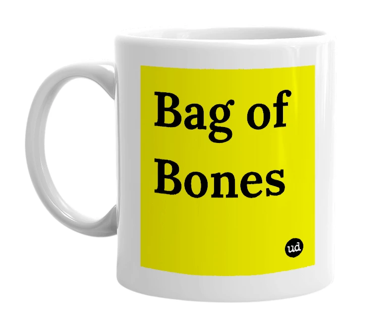 White mug with 'Bag of Bones' in bold black letters