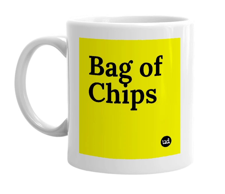 White mug with 'Bag of Chips' in bold black letters