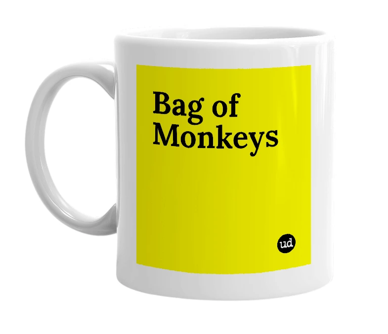 White mug with 'Bag of Monkeys' in bold black letters