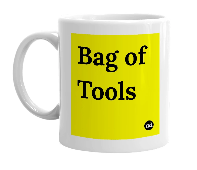 White mug with 'Bag of Tools' in bold black letters