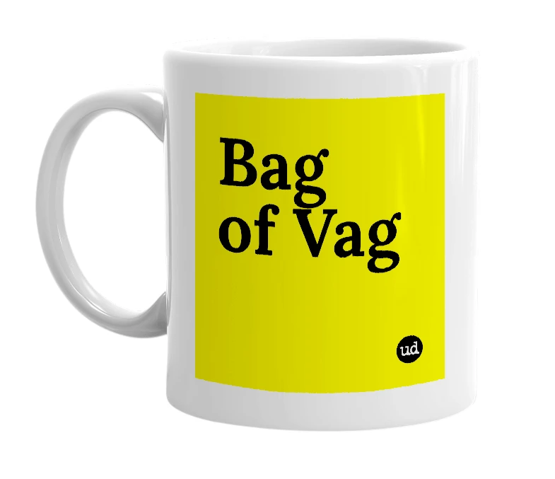 White mug with 'Bag of Vag' in bold black letters