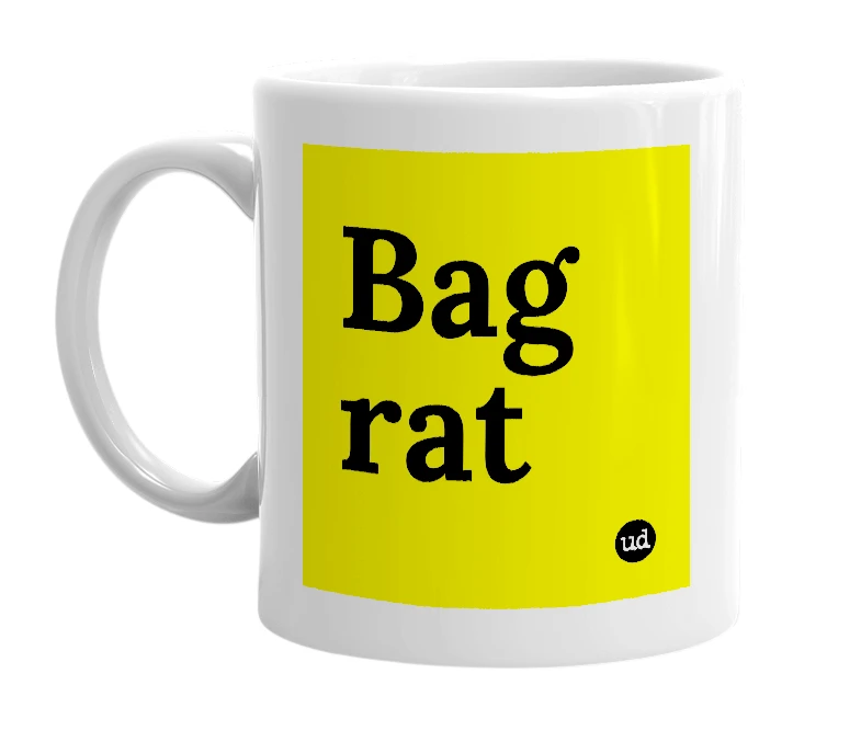 White mug with 'Bag rat' in bold black letters