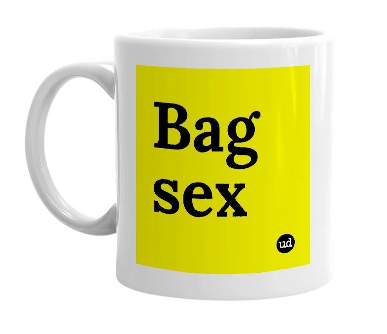 White mug with 'Bag sex' in bold black letters