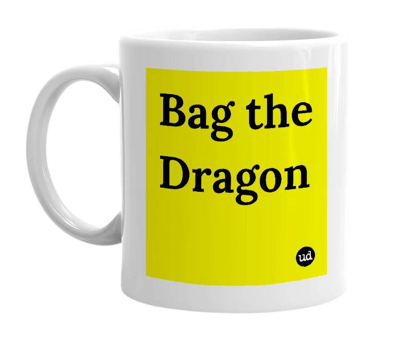 White mug with 'Bag the Dragon' in bold black letters
