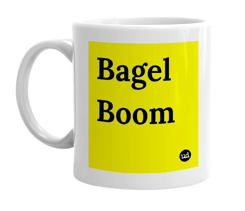 White mug with 'Bagel Boom' in bold black letters