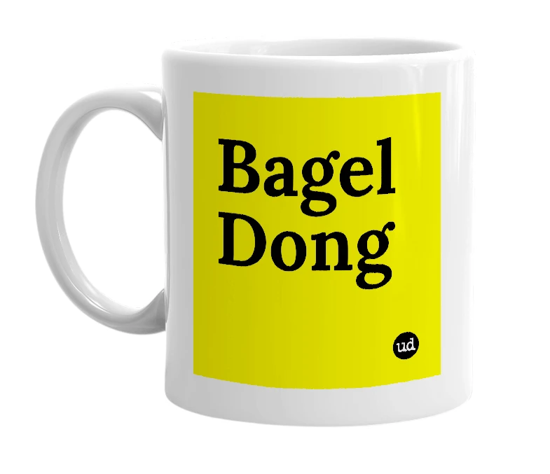 White mug with 'Bagel Dong' in bold black letters