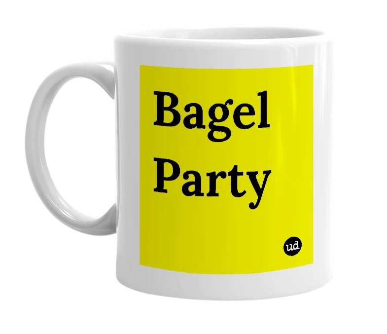 White mug with 'Bagel Party' in bold black letters