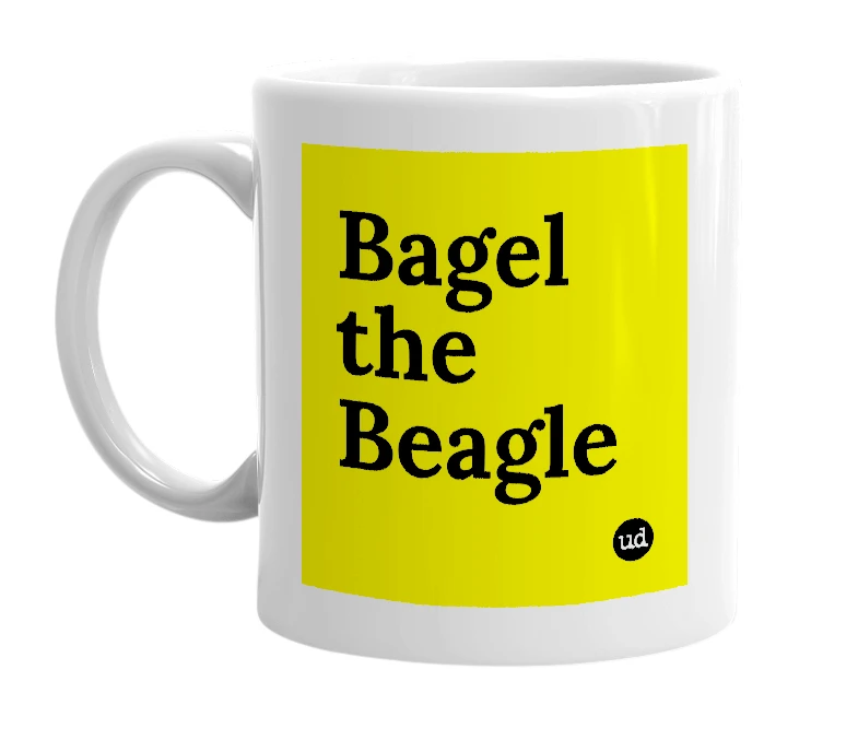 White mug with 'Bagel the Beagle' in bold black letters