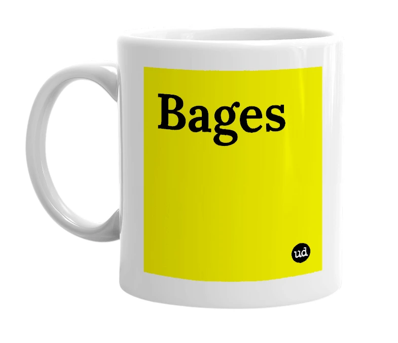 White mug with 'Bages' in bold black letters