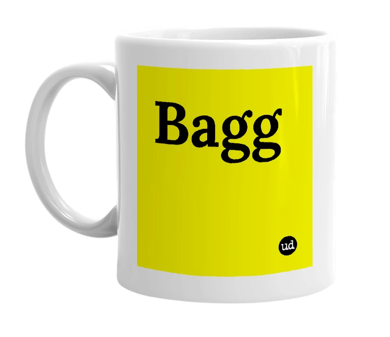 White mug with 'Bagg' in bold black letters