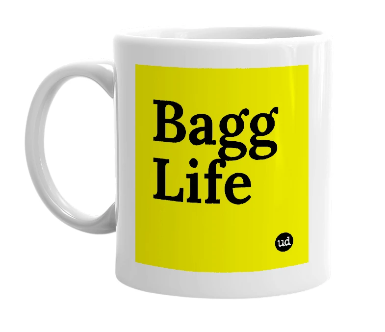 White mug with 'Bagg Life' in bold black letters