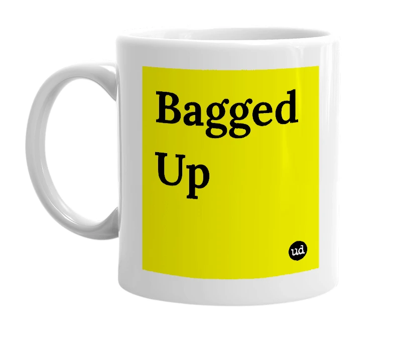 White mug with 'Bagged Up' in bold black letters