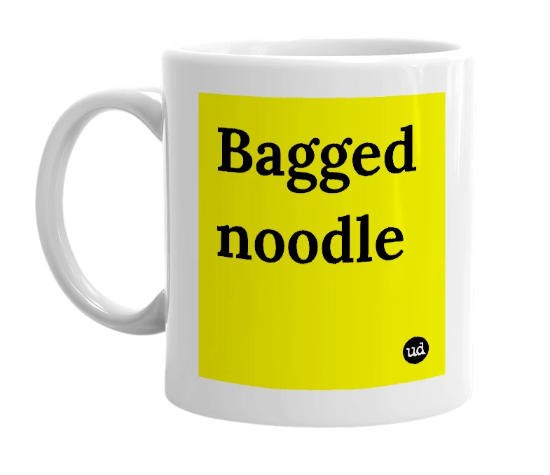 White mug with 'Bagged noodle' in bold black letters