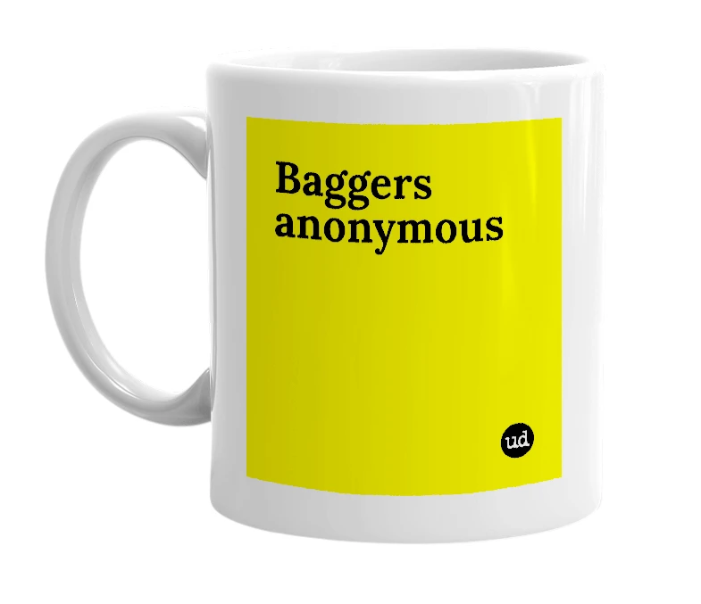 White mug with 'Baggers anonymous' in bold black letters