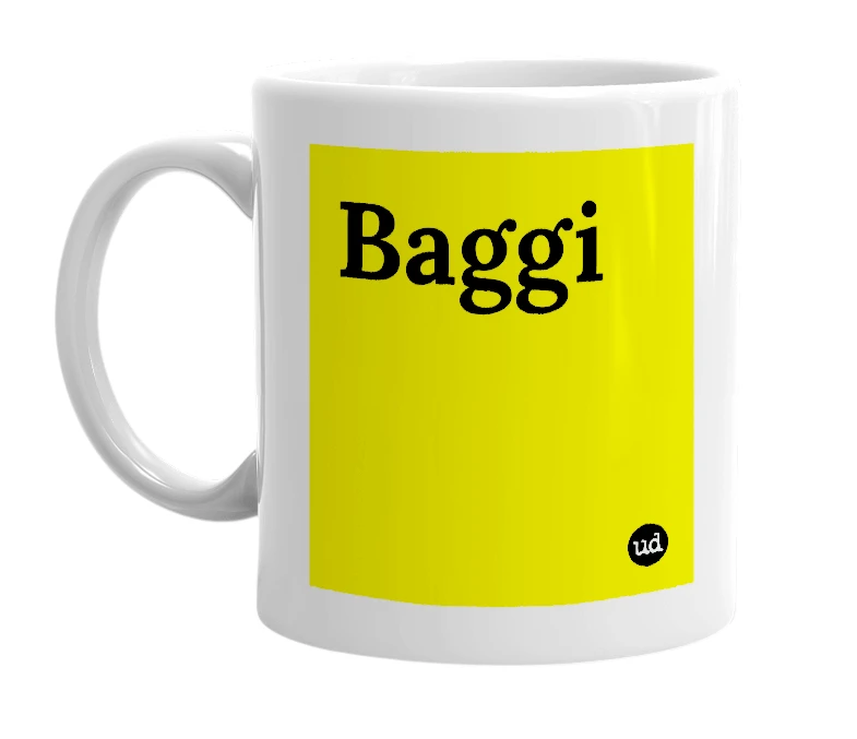 White mug with 'Baggi' in bold black letters