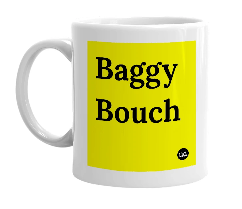 White mug with 'Baggy Bouch' in bold black letters