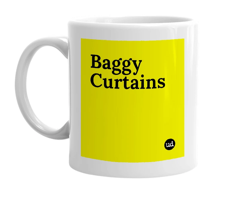 White mug with 'Baggy Curtains' in bold black letters