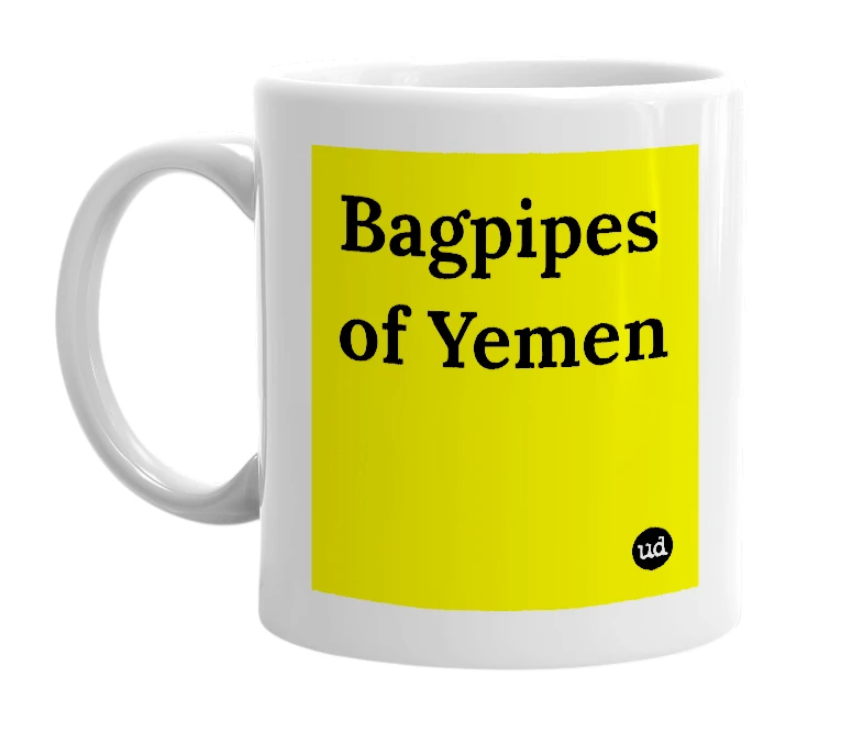 White mug with 'Bagpipes of Yemen' in bold black letters