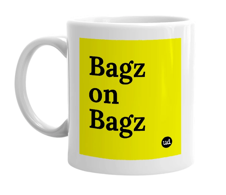 White mug with 'Bagz on Bagz' in bold black letters