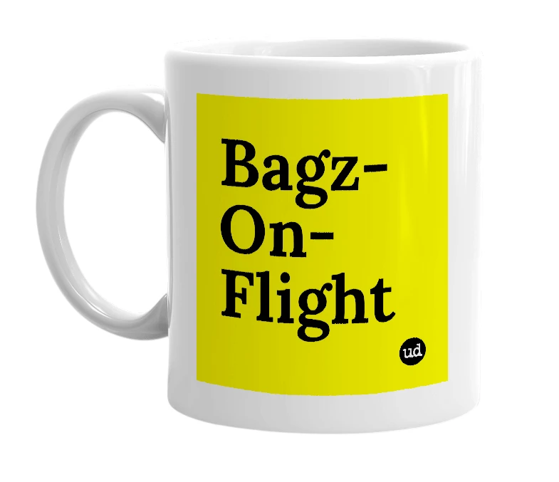 White mug with 'Bagz-On-Flight' in bold black letters