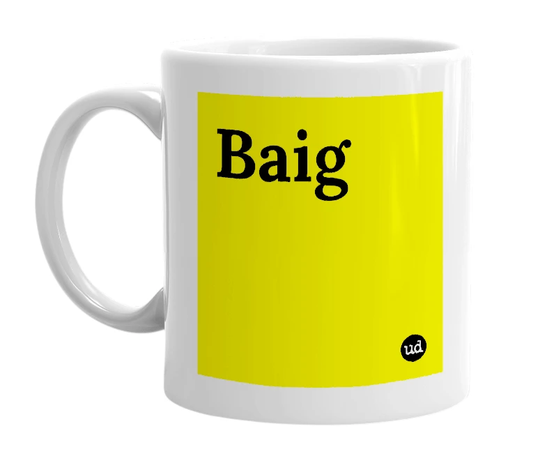 White mug with 'Baig' in bold black letters