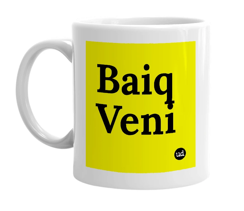 White mug with 'Baiq Veni' in bold black letters